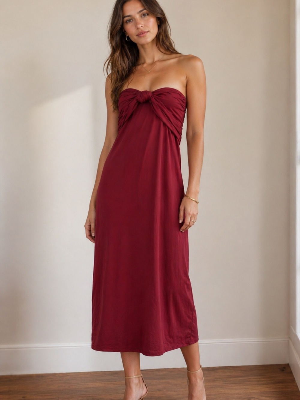 Sasha Therese Elegant Burgundy Strapless Midi dress